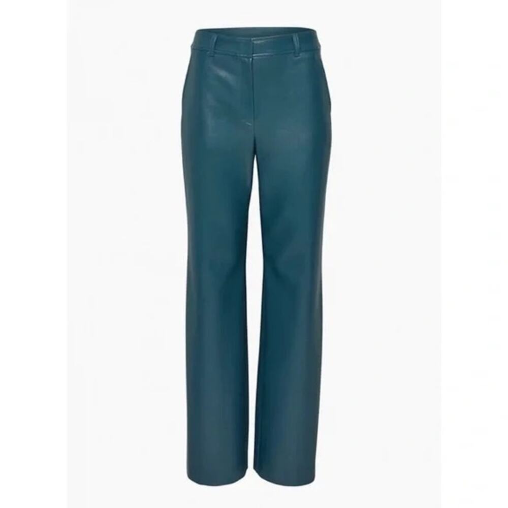 Babaton Bazaar Pant Vegan Leather Wide Leg High Waist Teal Blue Green Sz 0 Chic